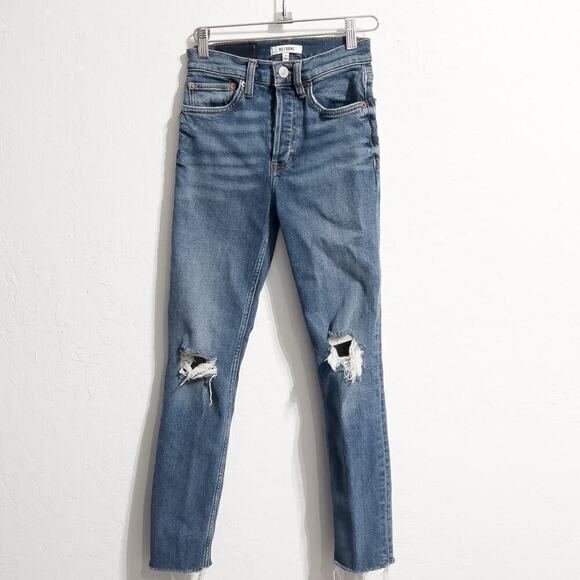 Re/done Jeans Sz 24 Denim 90s Crop Ankle Slim Straight Blue Stretch Dusk Destroy - Picture 1 of 9